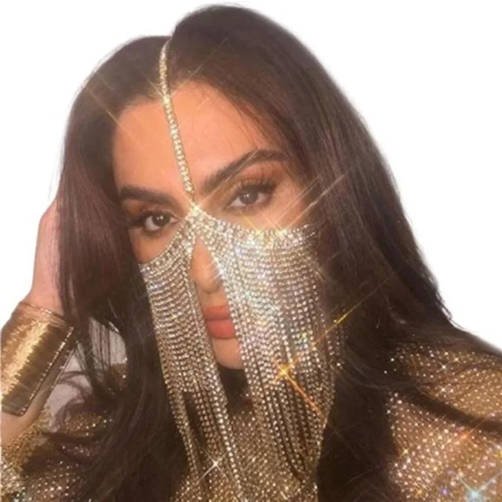Sexy Full Rhinestone Layered Mask Face Jewelry for Women Crystal Tassel Face